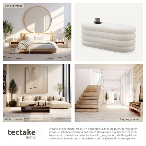 Collage verschiedener Wohnbereiche im skandinavischen Stil: Schlafzimmer, Wohnzimmer, Eingangsbereich und ein Polstermöbel