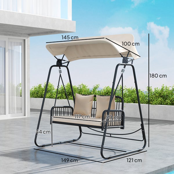 Outsunny Hollywoodschaukel Rattan 2-Sitzer Gartenschaukel mit verstellbar Sonnendach Kissen Hängebank bis 240 kg belastbar Hängeschaukel Schaukelbank für Garten Balkon 149 x 121 x 180 cm Khaki
