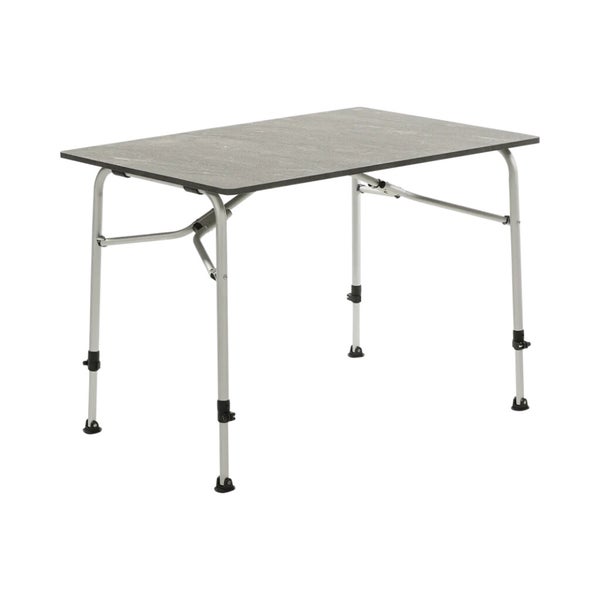 Klapptisch für Camping mit höhenverstellbaren Beinen und Tischplatte in Steinoptik.
