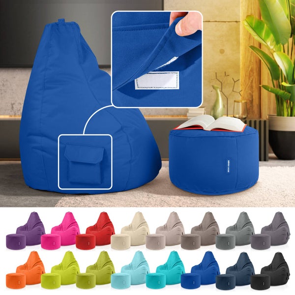Green Bean 2er Set Sitzsack + Hocker - fertig befüllt - robust waschbar schmutzabweisend - Kinder & Erwachsene Bean Bag Bodenkissen Lounge Sitzhocker Relax-Sessel Gamer Gamingstuhl Pouf - Blau