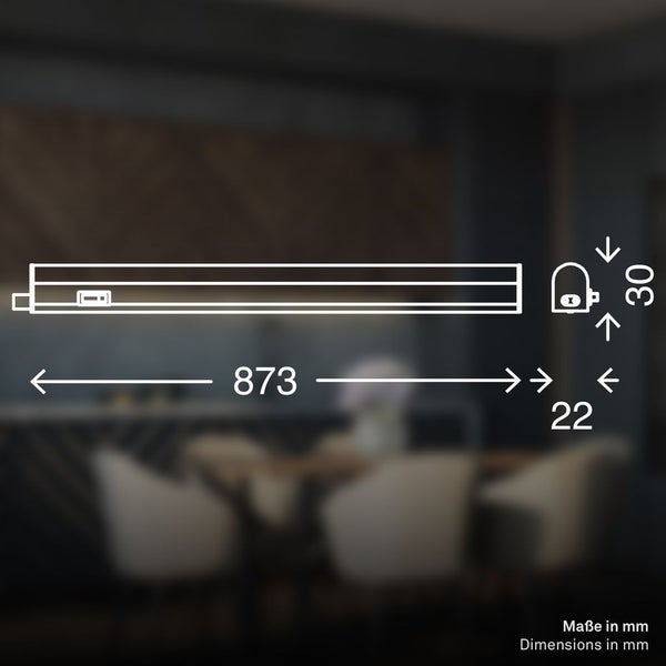 Maßzeichnung einer Lichtleiste in Millimeter: Länge 873 Millimeter, Höhe 30 Millimeter und Breite 22 Millimeter.