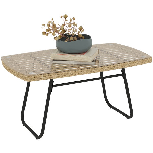Outsunny Polyrattan Gartentisch, 90 x 50 x 45 cm, UV-beständig Beistelltisch mit Glasplatte, rechteckiger Terrassentisch, Balkontisch für Garten, Terrasse, Balkon Naturholz
