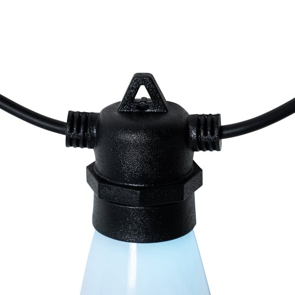 Schwarze Kunststoff-Fassung für Lichterketten mit integrierter Aufhängeschlaufe und Kabelanschluss.