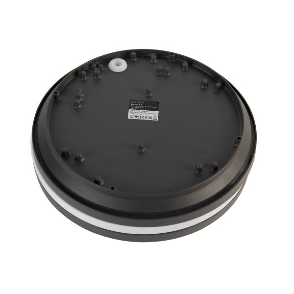 Rückseite einer runden anthrazitfarbenen Wandleuchte mit IP54 Schutzklasse, Montageöffnungen und Kabeleinführung.