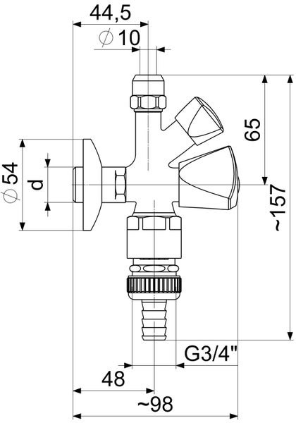 Technische Zeichnung eines Kombi-Eckventils mit Maßangaben in Millimeter und Zoll wie circa 157 Millimeter Gesamthöhe.