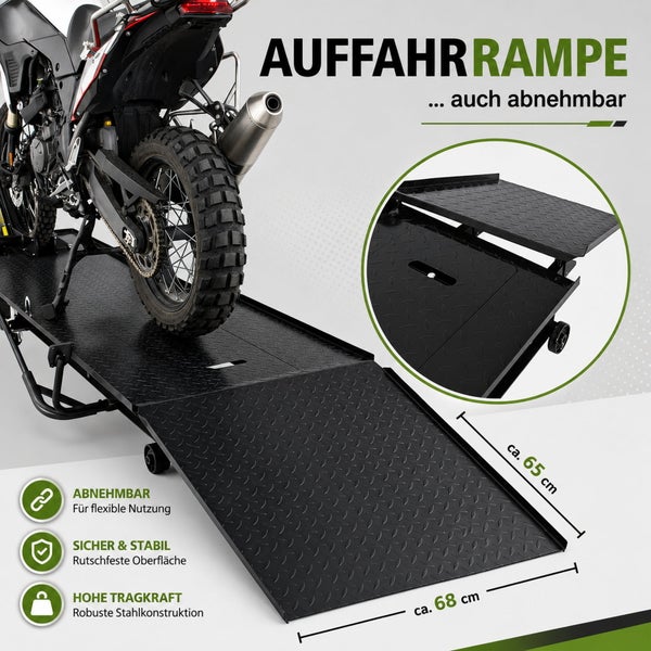 Schwarze Auffahrrampe für Motorradhebebühne aus Stahl, rutschfest, abnehmbar, Breite circa 68 Zentimeter, Länge circa 65 Zentimeter.
