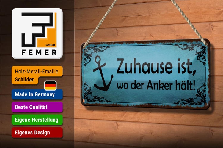 Blechschild Spruch 27x10cm Zuhause ist wo der Anker hält Dekoration