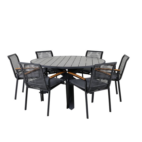 Parma Gartenset Tisch Ø140cm und 6 Stühle Dallas schwarz, natur, grau. 140 X 140 X 73 cm