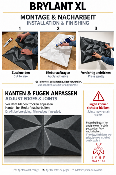 Montageanleitung für Brylant XL Wandpaneele mit drei Schritten zur Anbringung sowie Hinweisen zur Kantenbearbeitung und Fugenanpassung.