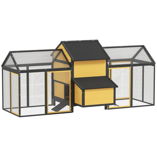PawHut Hühnerstall aus Holz, Geflügelstall mit Nistkasten, Doppel-Laufstall mit Tablett, Gehege mit Rampe, Hühnerhaus für Hühner, 247 x 125 x 113,5 cm, Gelb
