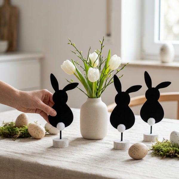 Drei dekorative Osterhasen aus Filz auf Holzsockeln mit flauschigem Schwanz als Tischdekoration neben einer Vase mit Tulpen und Ostereiern