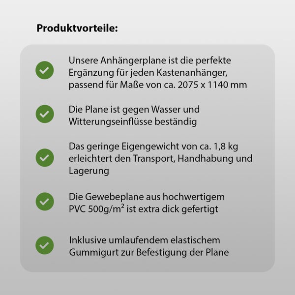 Infografik mit Produktvorteilen einer Anhängerplane mit Maßen von circa 2075 mal 1140 Millimeter aus PVC Material mit elastischem Gummigurt.