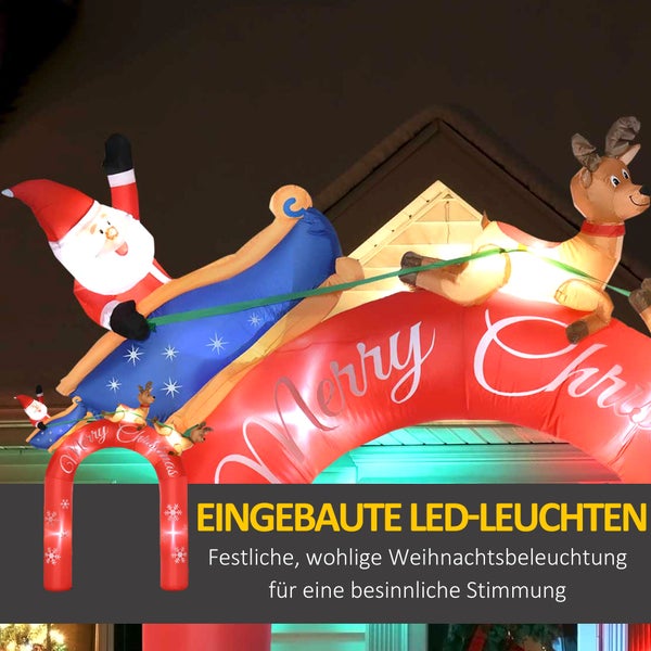 Outsunny 270 cm Aufblasbarer Weihnachtsdeko Torbogen mit Weihnachtsmann auf Schlittenmit und Rentiere Weihnachtsfiguren mit LED Licht für Hausgarten-Familien-Prop Wassserdicht Polyester