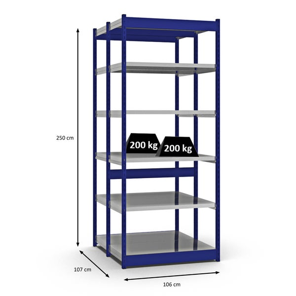 PROREGAL Fachbodenregal Stecksystem Vierkant-Profil Grundregal HxBxT 250 x 102,5 x 50 cm 2x6 Ebenen Doppelseitige Bauart Fachlast 200 kg Enzianblau