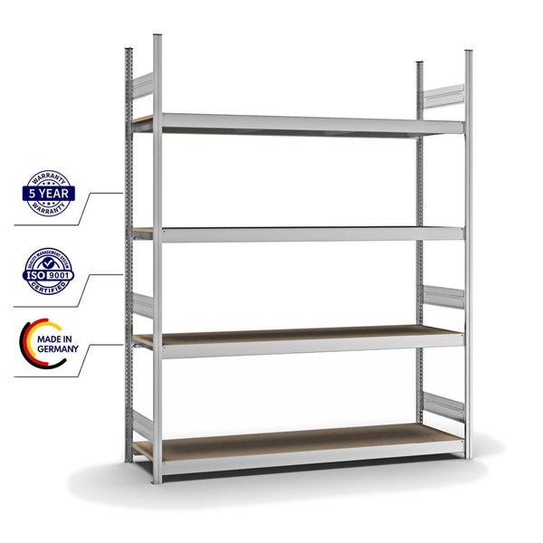 PROREGAL Weitspannregal Stecksystem T-Profil Grundregal HxBxT 250x200x50 cm 4 Ebenen Spanplatten Fachboden Fachlast 350 kg Verzinkt