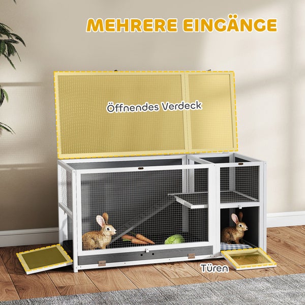 Kleintierstall aus Holz mit zwei Etagen, aufklappbarem Dach und mehreren Eingängen für den Innenbereich.