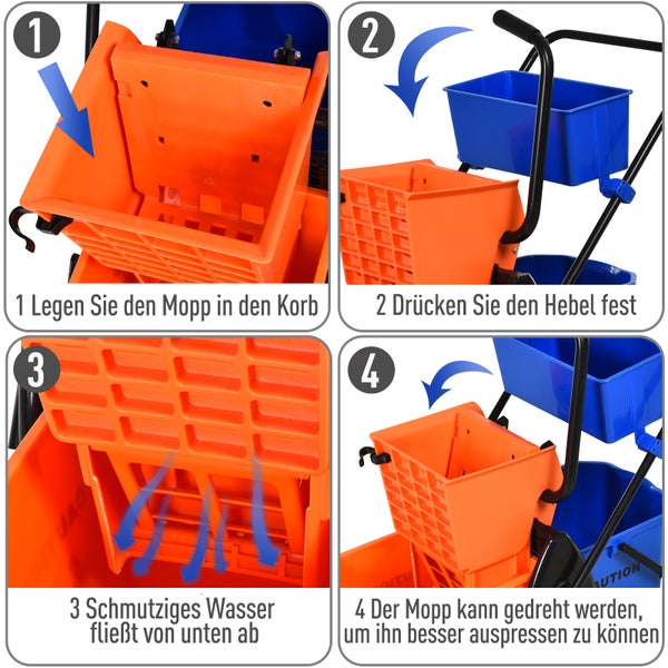 HOMCOM Putzwagen Reinigungswagen 26 Liter Wischwagen mit Wischmopp-Presse, Haushaltswagen mit Rollen Orange