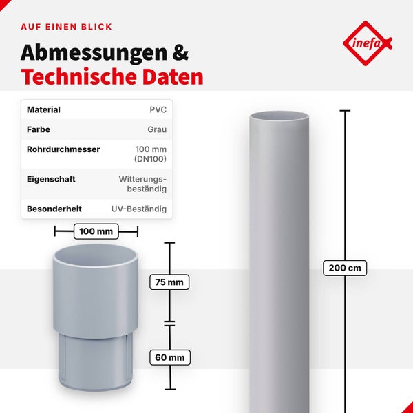Infografik zu den Abmessungen und technischen Daten eines witterungsbeständigen inefa PVC Fallrohrs mit 100 Millimeter Durchmesser und 200 Zentimeter.