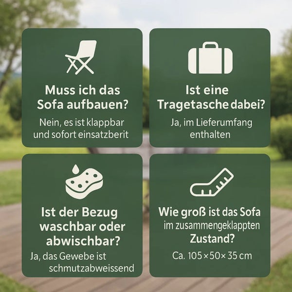 Informationen zum Sofa: Aufbau, Tragetasche, Bezug, Größe im zusammengeklappten Zustand