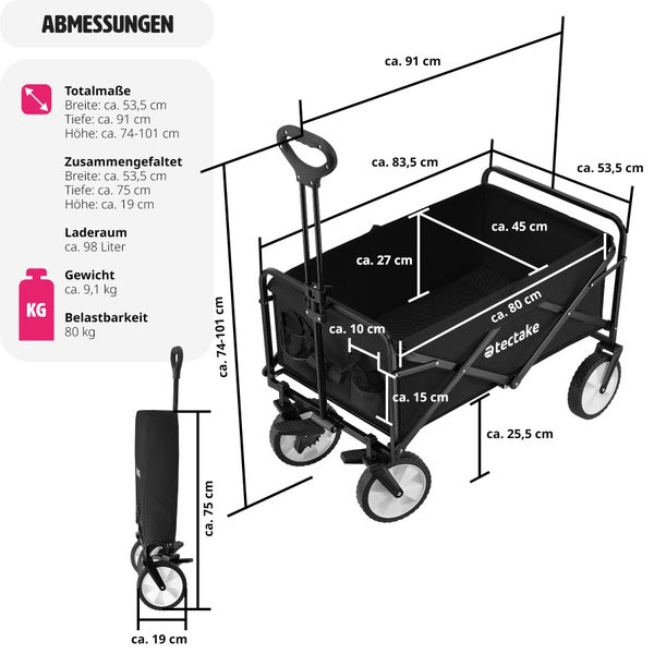 Bollerwagen tectake Leon inklusive Tragetasche, Belastbarkeit 80 kg faltbar schwarz
