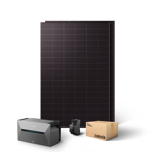 Balkonkraftwerk Set mit Solarmodulen, Solarbank 2 Pro mit Anker Solix Logo, Smart Meter und Zubehörkarton mit kleines kraftwerk Logo.