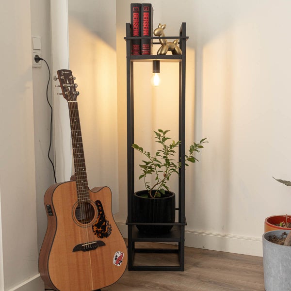 Stehleuchte mit Regalen, Gitarre und Zimmerpflanzen in einem Raum