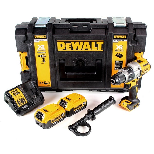 DeWALT Akku-Schlagbohrschrauber-Set mit zwei 18 Volt Lithium-Ionen Akkus, Ladegerät, Zusatzhandgriff und Transportkoffer.