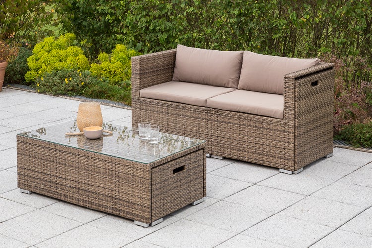 Vigo Gartenlounge Set, 1 Bank, 2 Sessel, 2 Hocker, inkl. Auflagen, 1 Tisch