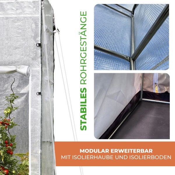 Gewächshaus mit stabilen Rohrgestänge, modular erweiterbar, mit Isolierhaube und Isolierboden