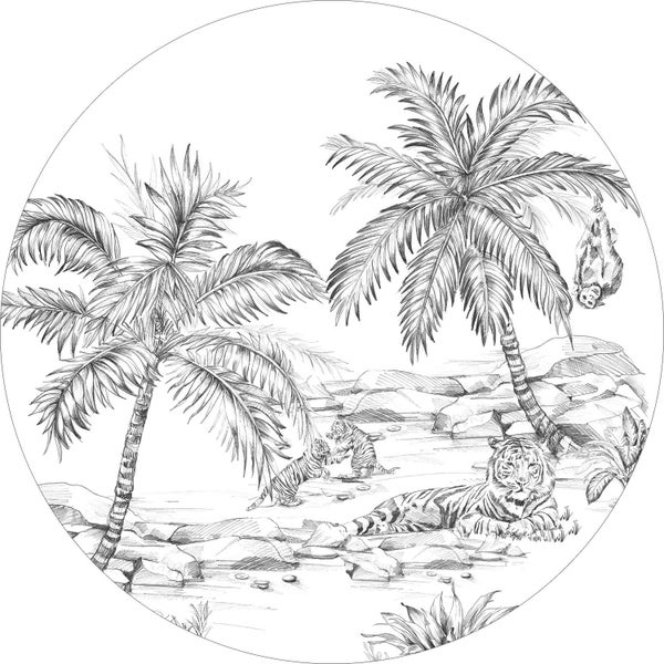 ESTAhome selbstklebende runde Tapete Safari-Muster Schwarz-Weiß - Ø 140 cm - 159004