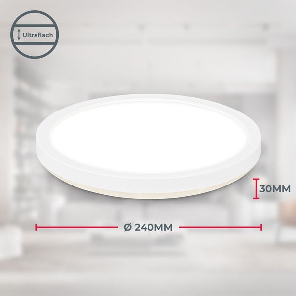 Ultraflache runde LED-Deckenleuchte, Durchmesser 240 Millimeter, Höhe 30 Millimeter.