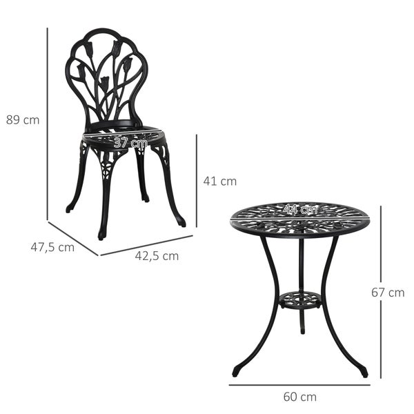 Bistro-Set aus Metall: Stuhl 89 Zentimeter hoch, 42,5 Zentimeter breit. Tisch 67 Zentimeter hoch, Tischplatte 44 Zentimeter Durchmesser.