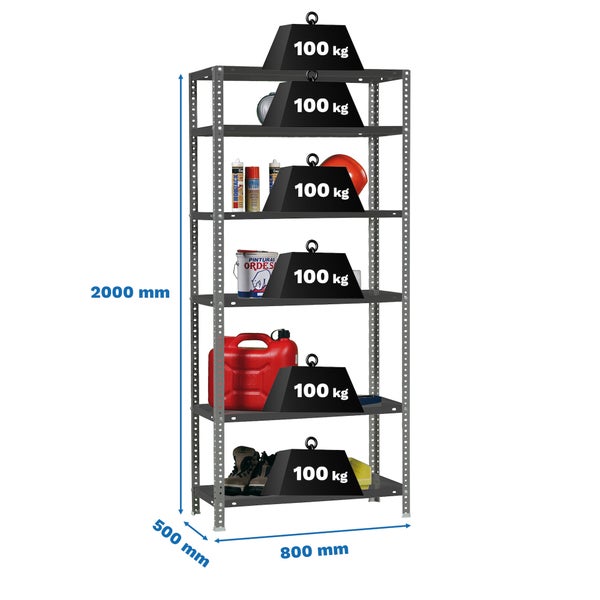 Metallregal mit sechs Fachböden, Tragkraft 100 Kilogramm pro Boden. Maße 2000 Millimeter Höhe, 800 Millimeter Breite, 500 Millimeter Tiefe.