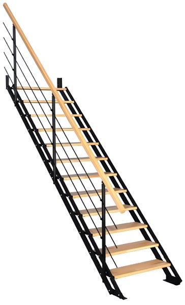 HANDYSTAIRS gerade Treppe „Synth2“ – Metalltreppe (schwarz) mit 7 Kiefernholzstufen – Höhe 1486 – 1696 mm