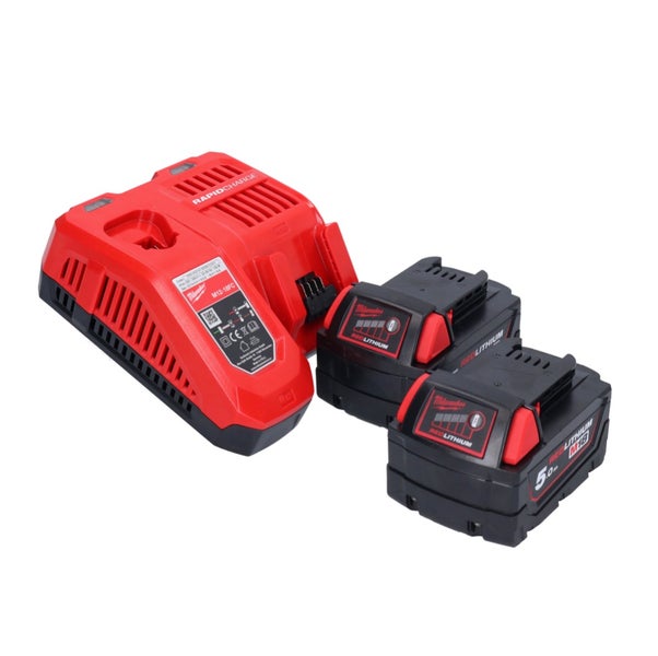 Milwaukee Akku-Starterset mit Schnellladegerät und zwei M18 Batterien mit je 5,0 Amperestunden