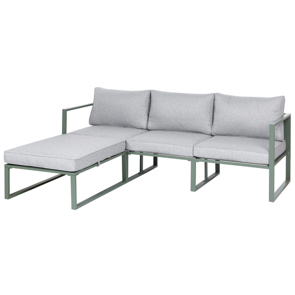 Modernes Garten-Lounge-Sofa mit grünem Metallgestell und grauen Polstern.