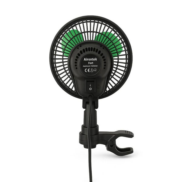 Airontek Clip-Ventilator Rückansicht mit schwarzem Gehäuse, grünen Rotorblättern, Befestigungsclip und Schalter.