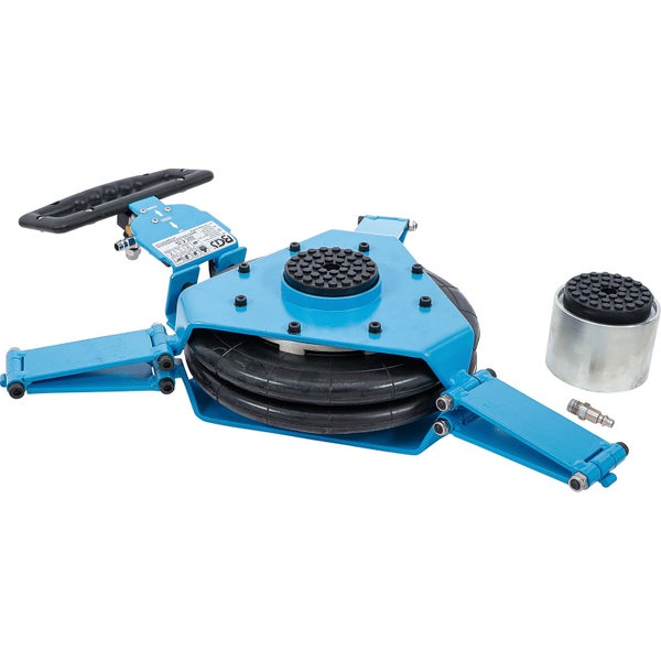 Blauer pneumatischer Balgenwagenheber aus Metall und Gummi inklusive Verlängerungsadapter und Anschlussstück.