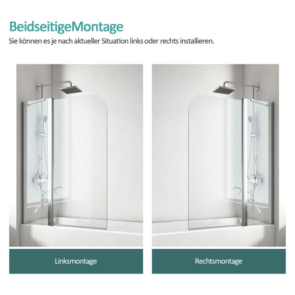 Auf dem Bild sind zwei Badewannenaufsätze aus Glas mit Chromrahmen dargestellt, die die Möglichkeit der links- oder rechtsseitigen Montage zeigen.