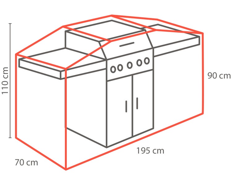 Abbildung der Umrisse eines Grills mit den Maßangaben 110 cm Höhe, 195 cm Breite und 70 cm Tiefe.