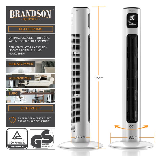 Brandson Turmventilator mit Fernbedienung, Säulenventilator mit 3 Leistungsstufen, Oszillation 60°, 96 cm, Standventilator, 96 cm, Ventilator, GS