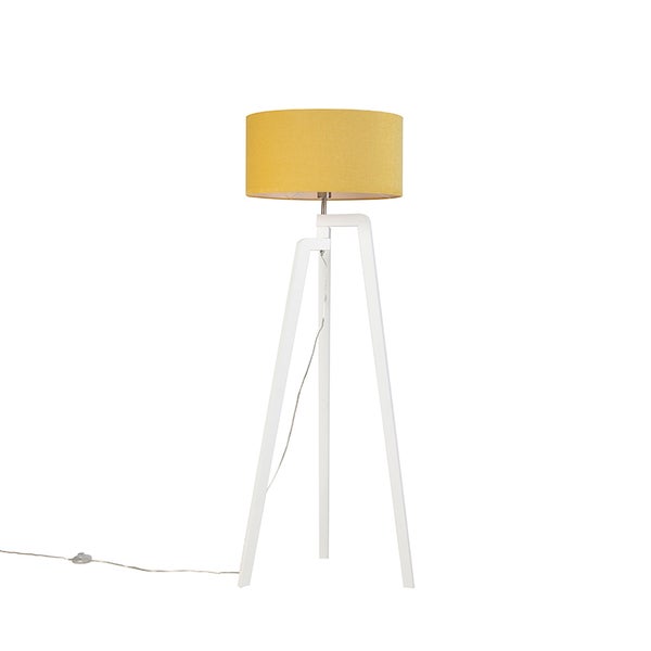 QAZQA - Moderne Stehleuchte I Stehlampe I Standleuchte I Lampe I Leuchte weiß mit Lampenschirm in Maisgelb 50 cm - Puros I Wohnzimmer I Schlafzimmer - Holz Zylinder I Länglich I Rund - LED geeignet E2