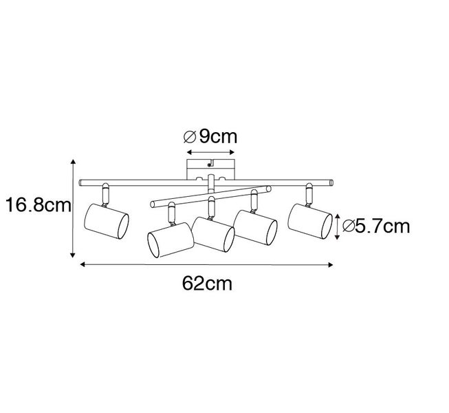 Technische Zeichnung einer Deckenleuchte mit fünf Strahlern und Maßangaben