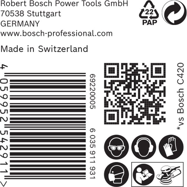 Informationen zu Robert Bosch Power Tools GmbH, Barcode, Papierverpackungssymbol, Recycling-Symbol, QR-Code und Sicherheitshinweise