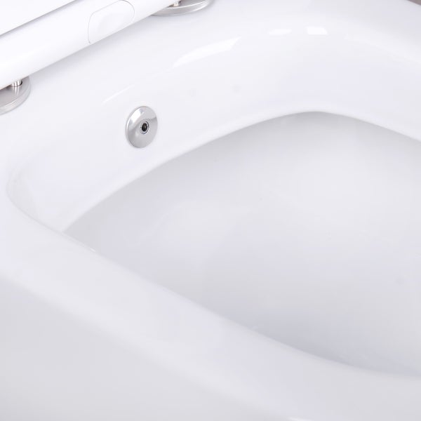 Detailaufnahme einer Dusch-Toilette aus Keramik mit integrierter Duschduese im Innenbecken.