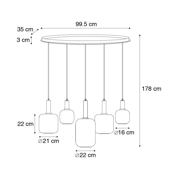 Abmessungen einer Pendelleuchte mit fünf Lampen