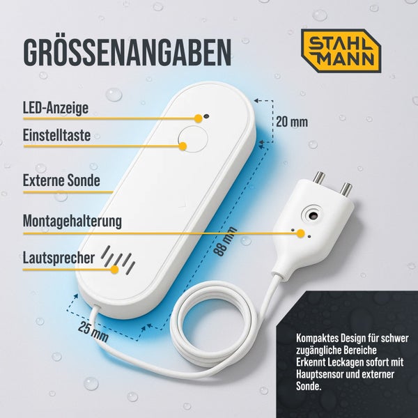 Stahl Mann Wassermelder: 88 Millimeter lang, 25 Millimeter breit, 20 Millimeter tief. Mit externer Sonde, Anzeige und Stahl Mann Logo.
