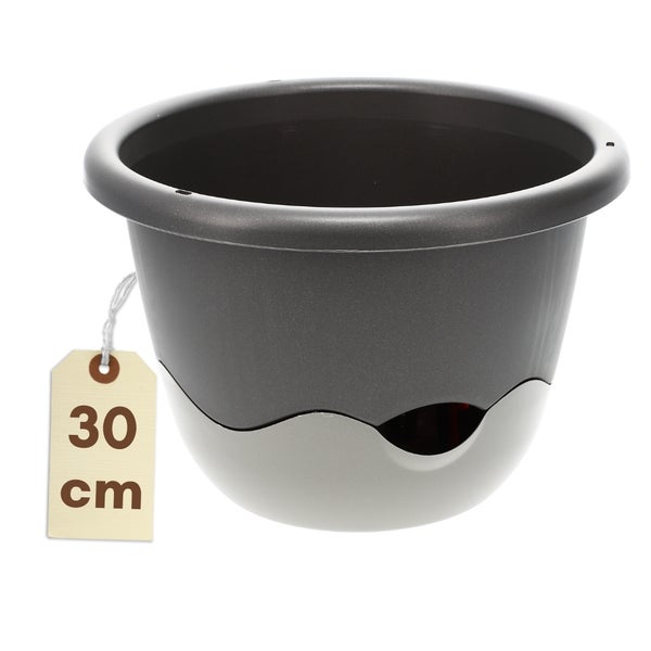 Grauer Blumentopf mit einem Durchmesser von 30 Zentimetern.