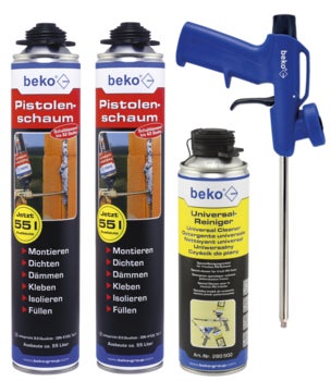 Beko Pistolenschaum Set bestehend aus zwei Dosen Pistolenschaum, einer Dose Universal-Reiniger und einer Schaumpistole.