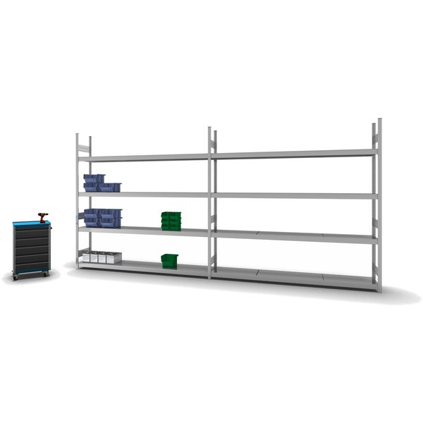 PROREGAL Weitspannregal Stecksystem T-Profil Grundregal HxBxT 250x250x40 cm 4 Ebenen Stahlplatten Fachboden Fachlast 350 kg Verzinkt